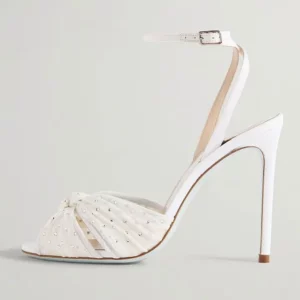 Peep Toe Mesh Sandals Crystal Embellished Knots Ankle Strap Bridal Heels In White Buckle Stiletto Sexy Lady Fashion Summer Shoe - Image 3