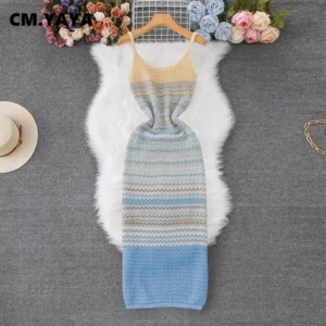 CM.YAYA Women Wave Striped Sleeveless Knit Ribbed Tank Bodycon Midi Long Maxi Dress 2025 Streetwear Fashion Chic Dresses Vestido - Image 4