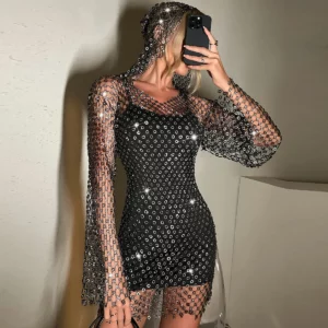 2024 Long Sleeve Fishnet Rhinestone Dress Sexy Cutout V-neck Hooded Long Sleeve Narrow Trendy Dresses - Image 2
