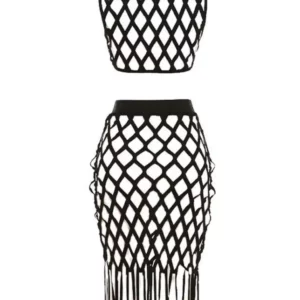 Hollow Out Crop Top & Tassel Trim Skirt Set 2022 New Two Piece Sets Female Clothing - Image 4