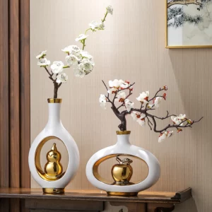 Chinese Style Creativity Ceramic Vase Wooden Frame Retro Openwork Vase Modern Home Flower Arrangement Decoration Flower Vases - Image 3