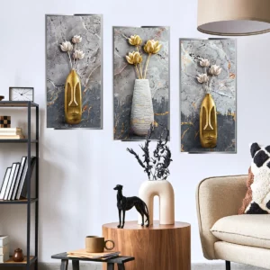 3pcs Vase Flower Combination Fake Oil Painting Wall Sticker Background Living Room Bedroom Wall Decorative Mural Wall Sticker - Image 2