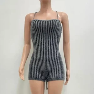 Joskaa Knitted Striped Sporty Playsuits Women Hipster Sexy Low Cut Backless Bandage Stretch Skinny One Piece Rompers Streetwear - Image 5