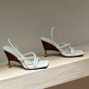 Very small designer brand, elegant and simple atmosphere, wood grain wedge sandals, cross-strap shaped heels high heels sandals - Image 2