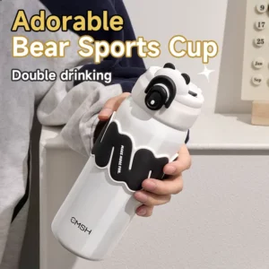 460ML Adorable Bear Sports Thermos Cup Travel Straw Vacuum Flask Cup Double Drinking Outdoor Water Bottle Mug Fashion Coffee Cup - Image 2