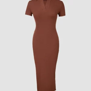 2024 Women Turn Down Collar Backless Lace Up High Silt Midi Skinny Knitting Dresses - Image 5