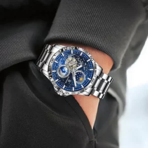 GLENAW Rotating Earth Double Second Hand WristWatch Men Automatic Mechanical Watch Starry Sky Stainless Steel Leather Watchband - Image 2