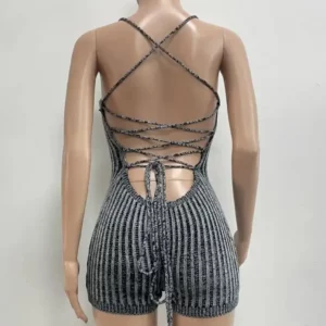 Joskaa Knitted Striped Sporty Playsuits Women Hipster Sexy Low Cut Backless Bandage Stretch Skinny One Piece Rompers Streetwear - Image 6