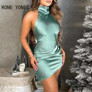 Women Solid Sexy Halter Sleeveless Mini Sexy Satin Backless Party Dresses - Image 1
