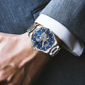 GLENAW Rotating Earth Double Second Hand WristWatch Men Automatic Mechanical Watch Starry Sky Stainless Steel Leather Watchband - Image 3
