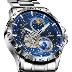 GLENAW Rotating Earth Double Second Hand WristWatch Men Automatic Mechanical Watch Starry Sky Stainless Steel Leather Watchband - Image 1