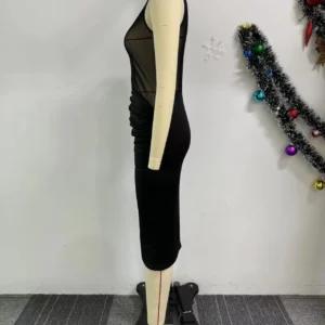 CM.YAYA Women Splicing Split O-neck Bodycon Midi Dress 2024 Mesh See Through Office Lady Workout Evening Party Dresses Vestidos - Image 5
