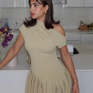Elegant Pleated Midi Dress For Women Fashion Street Short Sleeve Patchwork Long Dress Casual Office Lady Irregular Neck Vestidos - Image 1