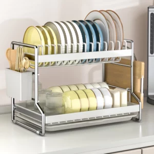 Kitchen Rust-Proof Dish Drying Rack Desktop Dishes Bowls Plate Cutlery Pot Lid Rack Organizer 2-Tier Compact Kitchen Dish Shelf - Image 5
