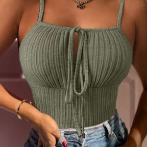 2024 Women Chic Spaghetti Straps Lace Up Sleeveless Knitting Sexy Camis Crop Tops - Image 5