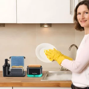 HOQUSA 5-in-1 Hand and Dish Soap Dispenser Set with Tray with Sponge Holder and Dishcloth Holder(Black) - Image 4