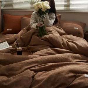 Ins Style Solid Color Waffle Cotton Duvet Cover Set Bed Sheet Four Piece Set High Beauty Quilt Sheet Bed Sheet Bedding Set - Image 4