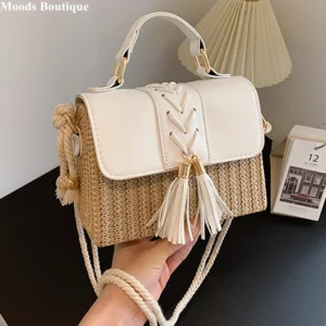 MOODS Straw Beach Bag For Women 2023 Summer New Luxury Designer Handbags Hit Color Tassels Shoulder Crossbody Box Bag Sac A Main - Image 1