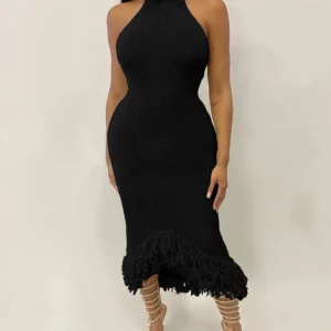 Nibber Knit See Through Women Dress Irregular Backless Sleeveless Halter Sexy Tassel Hem Clubwear Stretch Hipster Party Vestidos - Image 4