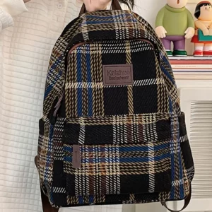 Retro plaid backpack high school junior high school students' schoolbags woolen cloth backpacks - Image 5