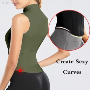 Aiithuug Athletic Zip Up Sweat Vest Jacket Sleeveless Running Yoga Tops High Neck Shirts Sports Top Fitness Women Workout Tops - Image 2