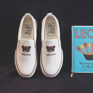 2023 Women Autumn New Canvas Shoes Female Korean Version Cute Bear Embroidery Loafers Flat Bottom Student Casual White Lazy Shoe - Image 2