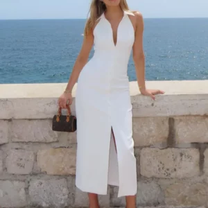 White Chic Slim Split Halter Dresses Women Summer Single Breasted Sleeveless Midi Dress 2025 New Elegant Casual Fashion Vestidos - Image 2