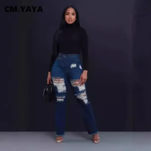 CM.YAYA Denim Pants Women Retro Sexy Hole Hollow Out Jeans Ripped out Pencil Trousers 2024 Street Skinny High Waist Lady Pant - Image 3