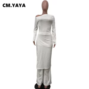 CM.YAYA Women's Set Off Shoulder Long Sleeve High Side Split T-shirt and Wide Leg Pants 2023 Two 2 Piece Sets Outfit Tracksuit - Image 4