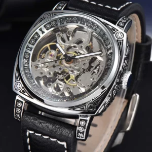 LONGLUX automatic watch retro style wholesale mechanical wristwatches skeleton carve waterproof leather no logo mens watch - Image 1