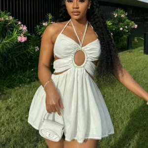 CM.YAYA 2024 Women Halter Strap Sleeveless Mini A-Line Dress Sexy Beading Backless Streetwear Evening Night Club Party Dresses - Image 1