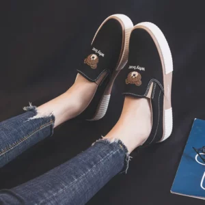 2023 Women Autumn New Canvas Shoes Female Korean Version Cute Bear Embroidery Loafers Flat Bottom Student Casual White Lazy Shoe - Image 4