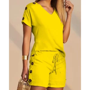 Women Buttoned Short Sleeve V-Neck Top & Drawstring Shorts Sets Women 2 Pieces Casual Two Pieces Set Summer Outfits Clothing - Image 4