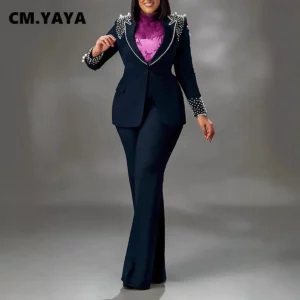 CM.YAYA Fashion Pearl Splicing Women's Set Long Sleeve Blazer and Wide Leg Pants Suit 2024 Winter OL Fall Two 2 Piece Set Outfit - Image 3