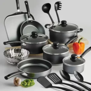 Primaware 18 Piece Non-stick Cookware Set, Steel Gray cocina stainless steel cookware set - Image 3