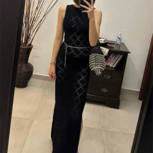 Tossy Hollow Out Sleeveless Sexy Maxi Dress Women High Split Fashion Beach Holiday Mesh Dress Patchwork Knitwear Autumn Dress - Image 5