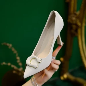 Women's Fashion Thin Heel Shoes Autumn New Pointed Head Shallow Mouth Metal Buckle A Slip-on Wear-resistant High Heels - Image 1
