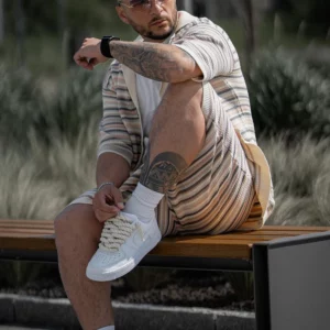 Fashion Mens Outfits Knitted Stripe Crochet Classic Two Piece Set Knit Short Sleeve Lapel Shirt and Shorts Men Suits Streetwear - Image 4