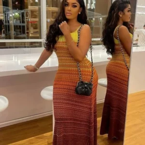 CM.YAYA Women Wave Striped Sleeveless Knit Ribbed Tank Bodycon Midi Long Maxi Dress 2025 Streetwear Fashion Chic Dresses Vestido - Image 1