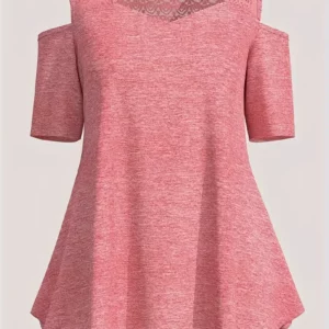 Women's Plus Size T Shirt Off the Shoulder Short Sleeve Basic Top Casual Lace Patchwork Square Collar Elegant Summer Tee Tops - Image 2