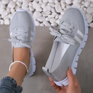 Mesh Knitted Striped Flats Shoes for Women 2024 Summer Lace Up Casual Sneakers Woman Breathable Soft Sole Loafers Plus Size 43 - Image 3