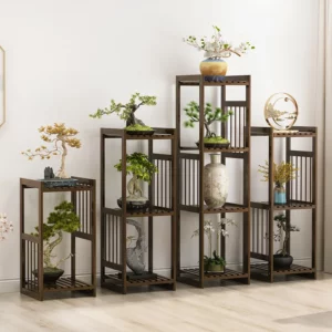 Chinese Antique Bamboo Flower Shelves Multi-layer Structure High Fence Rack Vintage Plant Stand for Classic Home Decor - Image 3