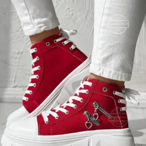 Sneakers Women's Zipper Design Eyelet Platform Canvas Ladies Casual Shoes High Top Sneakers Lace Up Platform Sport Shoes Tennis - Image 2
