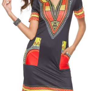 African Dresses for Women Summer 2022 Fashion Style African Women Short Sleeve V-neck Polyester Knee-length Dress - Image 5