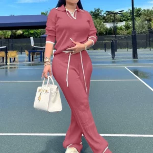 CM.YAYA Fashion Knit Women's Set Long Sleeve Pullover Tops and Wide Leg Pants 2023 Autumn Two 2 Piece Sets Outfits Tracksuit - Image 5