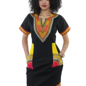 African Dresses for Women Summer 2022 Fashion Style African Women Short Sleeve V-neck Polyester Knee-length Dress - Image 3