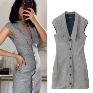TRAFZA Summer Women Elegant Plaid Sleeveless Mini Dress Woman Single-breasted Design Turn-down Collar Dress Casual Party Dress - Image 3