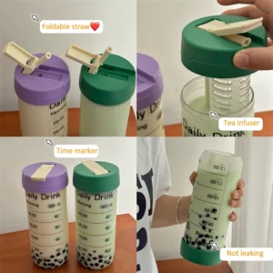 Glass Water Bottle With Time Marker Straw Infuser Cute 700ml Coffee Tea Juice Portable Girl School Drinking Bottle BPA Free Gift - Image 6