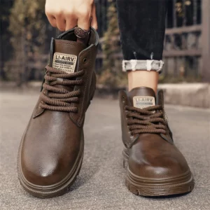 Men's Brand High-quality Outdoor Work Shoes Thick Soled Anti Slip Fashionable Hiking Shoes Trendy Short Boots, Black Men's Boots - Image 4