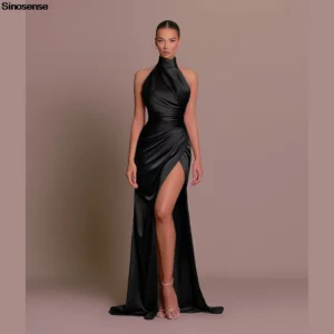 Women Elegant Long Evening Cocktail Party Dress Sexy Halter Backless Ruched High Split Bodycon Wedding Guest Bridesmaid Dress - Image 5
